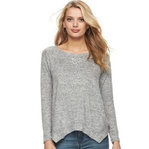 Juicy Couture Pullover Sweater Gray Embellished Triangle Neck Detail Size XL